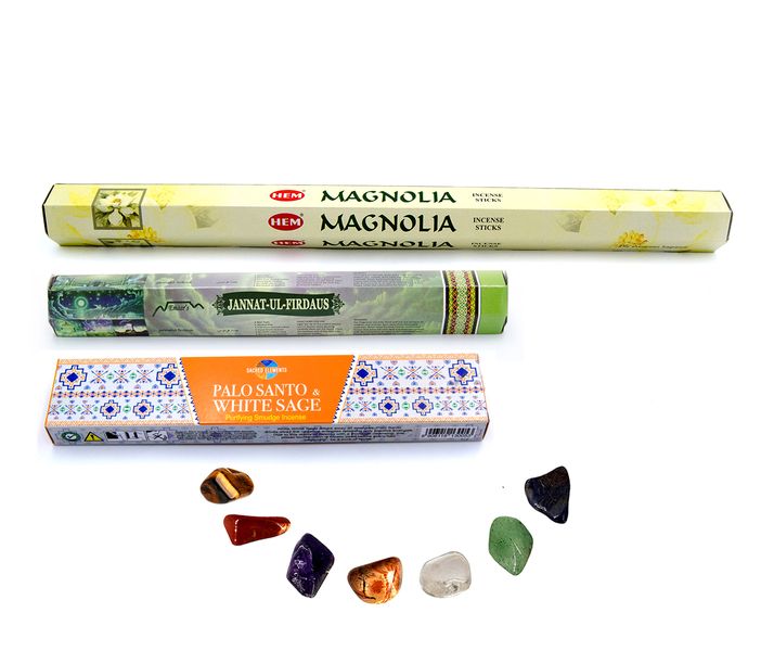Chakra Stone set &amp; Incense Combo Pack-Magnolia&amp;Jannat ul Firdous&amp;PaloSanto