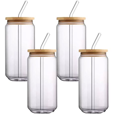 4pc Set Drinking Glasses With Bamboo Lids, Glass Straws & Straw