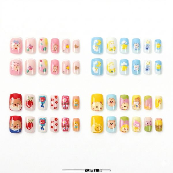 4-Pack (12Pcs) Kids Press On Nails Mixed Designs Cartoon Set + ReVibe Pen