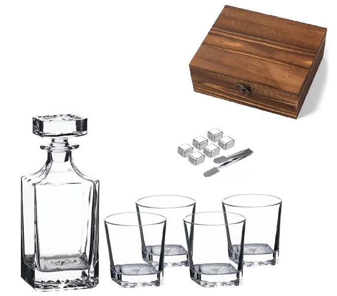 Whiskey Gift Set - 4 Glasses, Decanter, Solid Cubes And Wooden Case