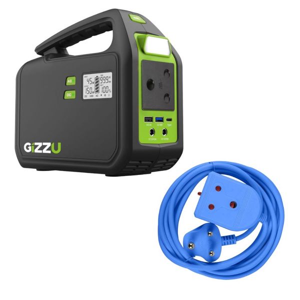 Gizzu - 155Wh Portable Power Station &amp; 3m Heavy Duty Extension Lead (White)