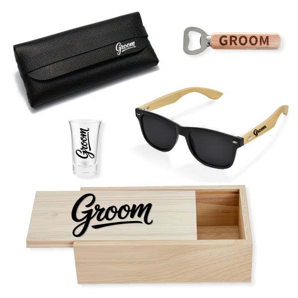 Men's Groom Sunglasses &amp; Case, Shotglass, Bottle Opener &amp; Wood Box Gift Set