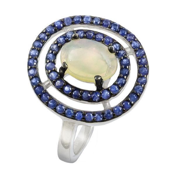Natural Earth-Mined Blue Sapphire &amp; Fire Opal Cabochon Sterling Silver Ring