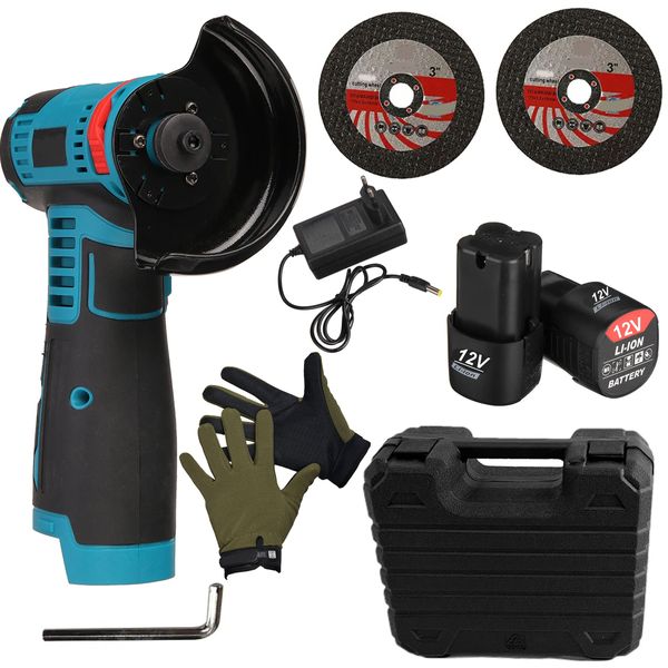 3" 12V Rechargeable Angle Grinder With 2 Batteries, 2 Discs, Case &amp; Gloves