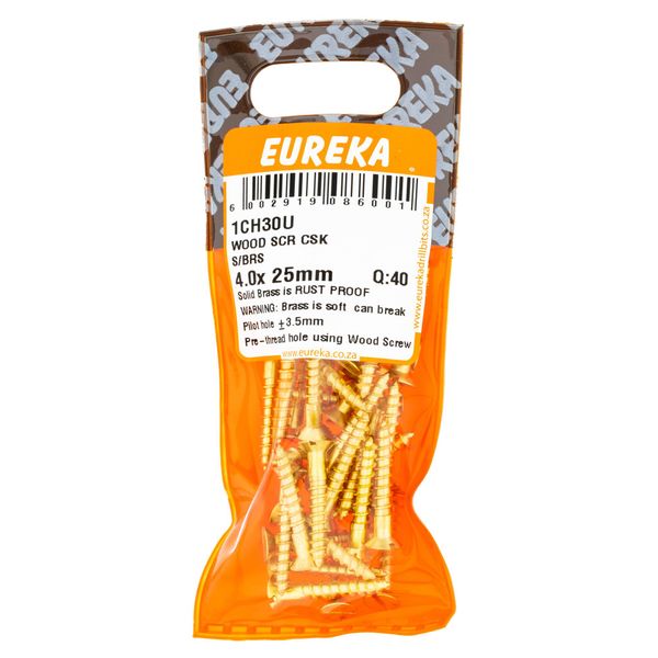 EUREKA Wood Screw Countersunk Solid Brass 4 x 25mm Q:40 1CH30U