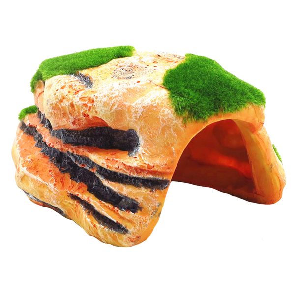 Pet Reptile Orange Moss Covered Hideout Cave for Habitat Decor (12cm)
