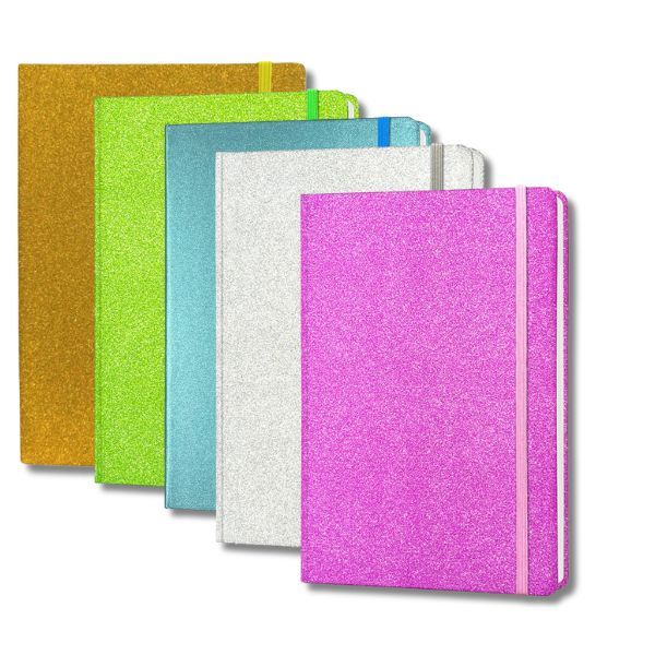 A5 Glitter Notebook 5 Pack - Lined Pages and Elastic Closure - Bulk Assorted Colours