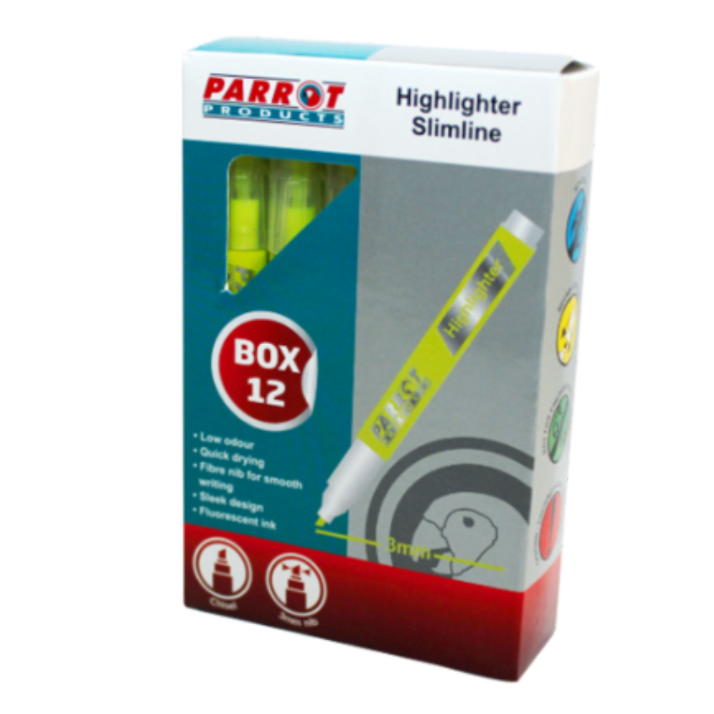 Parrot Slimline Highlighter Marker Box ( 12 Markers Yellow) x 1