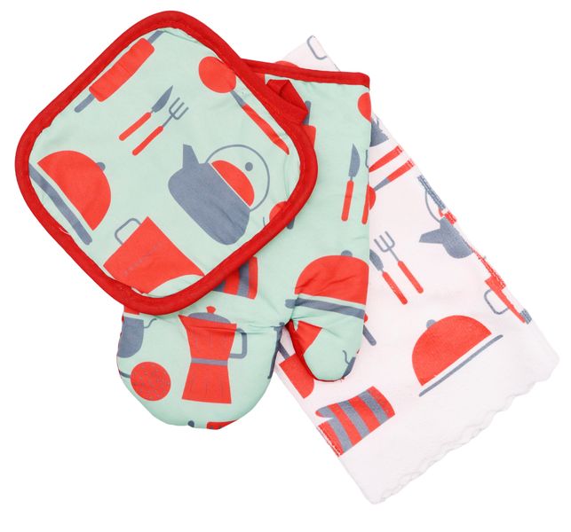 3 Piece Oven Mitten Set Potholder Towel Cutlery Design C - Green/Red