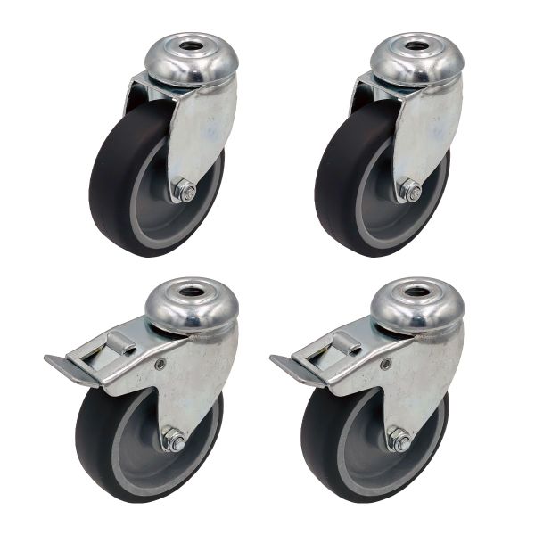 Grey Thermoplastic Rubber Wheel Swivel Bolt Hole + Brake Castors 100mm