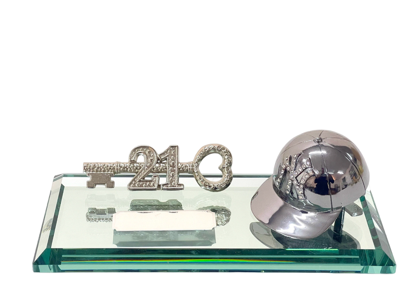 21st Key with Diamante Cap on Glass Mirror base
