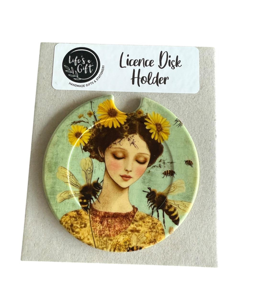 Licence Disk Holder - Bees &amp; Yellow Flower Lady