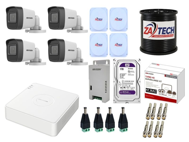 Hikvision 4CH CCTV Kit with 4 Cameras, 1TB HDD, ZATECH RG59 Rolls