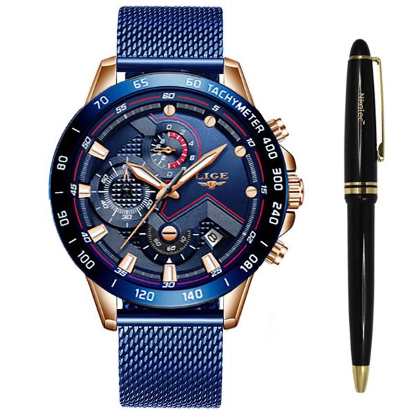 Lige 9929 Luminous Blue Men Watches Mesh Strap Wrist Watches