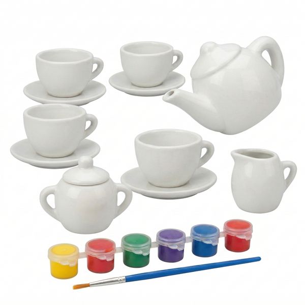Painted Ceramics DIY Tea Set for Kids - 15 Piece Creative Craft Kit