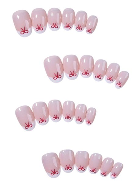 24 Piece - Short Oval Bow Pattern Design French Tip Nails - Multicolor