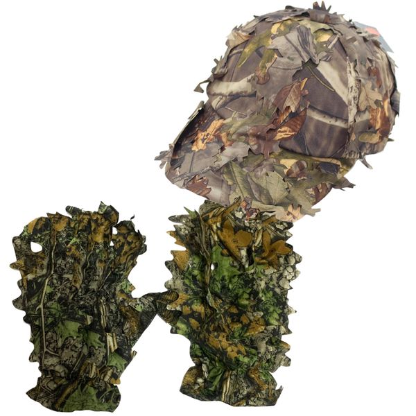 Fashion Camping 3D Leaf Non-Slip Camo Gloves with Wide Brim Leafy Hat - Set of 2