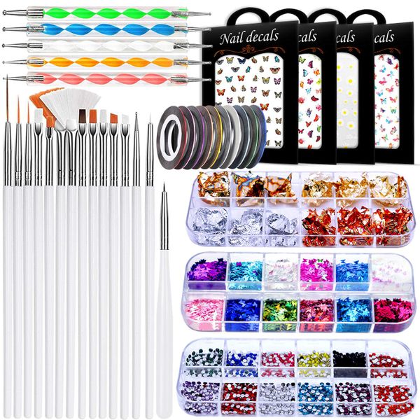 Nail Accessories Kit include Nail Art Brushes Dotting Tools Stickers