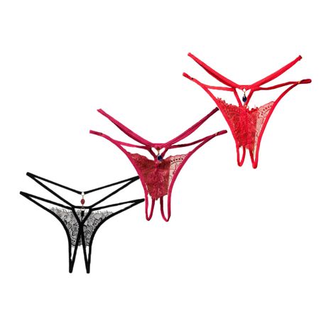 Ladies Double Hip Strap Crotchless Thong - 3 Pack