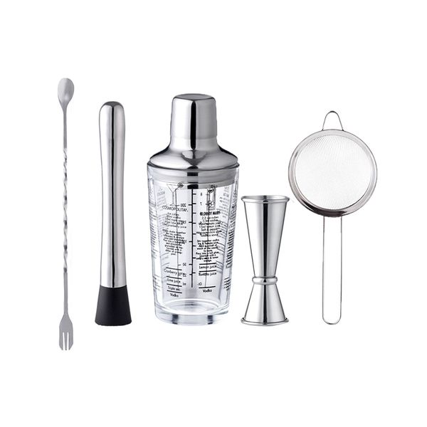 Stainless Steel Bar Shaker Beverage Making Tool Glass Cup Suit - Set of 5