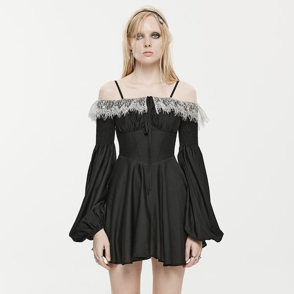 PUNK RAVE Sweet Girl Off-Shoulder Lace Edge Chiffon Dress