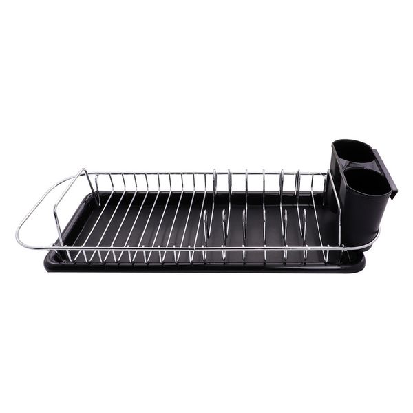 Regent Chrome Compact Dish Rack with Black Plastic Cutlery Holder and Tray, (475x175x135mm)