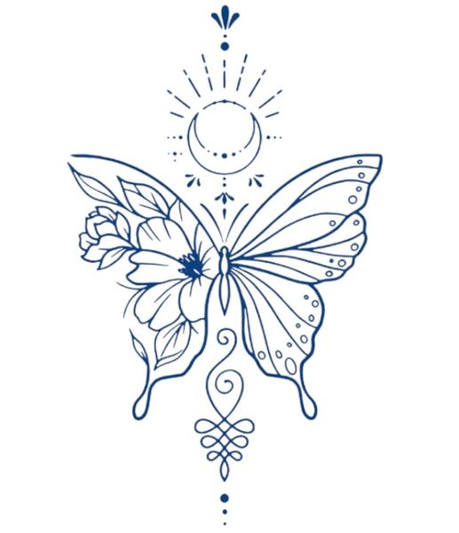 1 Piece - Celestial Bloom Butterfly And Moon Temporary Tattoo - Blue