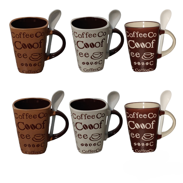 Coffee Mugs 6 Piece Assorted Designs 250ml With 6 Porcelain Coffee Spoons