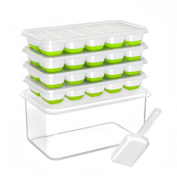 4 Pack Silicone Plastic Easy Pop Out Ice Cube Tray with Lid and Bin with Scoop