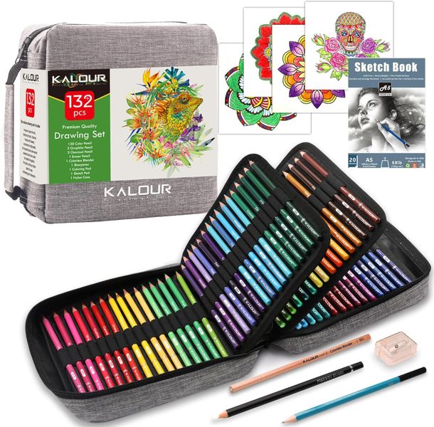 KALOUR 132 Color Pencil Set in Nylon Case - Complete Art Kit for Sketching