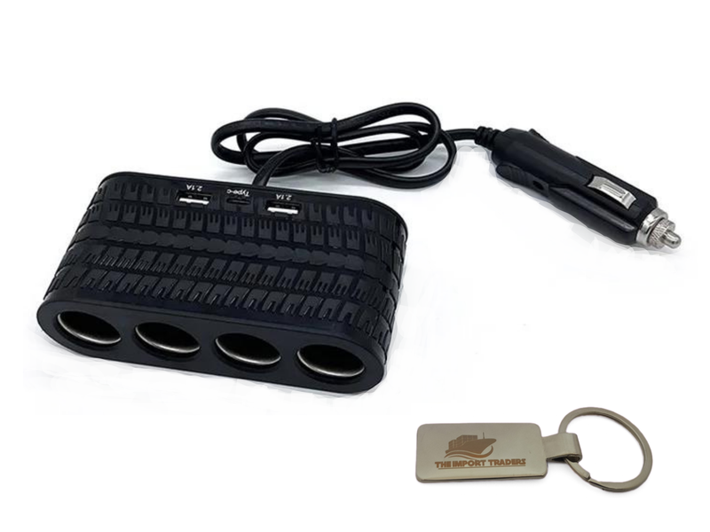 Car Charger 4 Lighter Sockets 2 USB + 1 Type-C Adapter With TIT Keychain