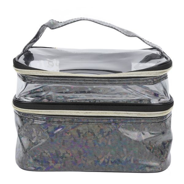 Double Layer Cosmetic Bag Large Capacity Waterproof Black Portable Storage