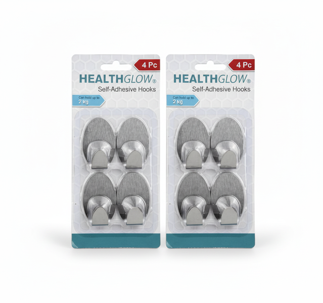 Healthglow Stainless Steel Adhesive Hooks - 4 Piece Set for Easy - 2 Pack