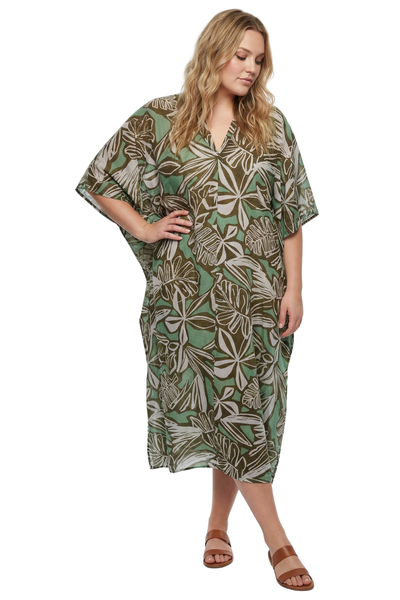 Earthly Collection Viscose Kaftan - Green Foliage Print Boho Dress