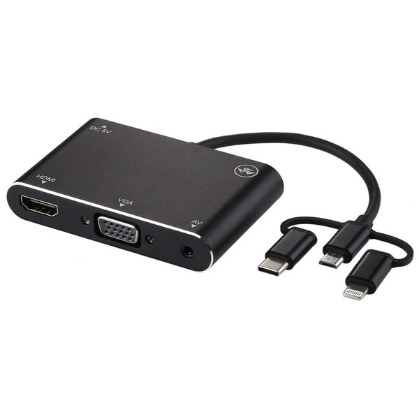 3 In 1 Mobile HD Screen Type-C/Lighting/Micro USB To HDMI/VGA/AV Adapter PT