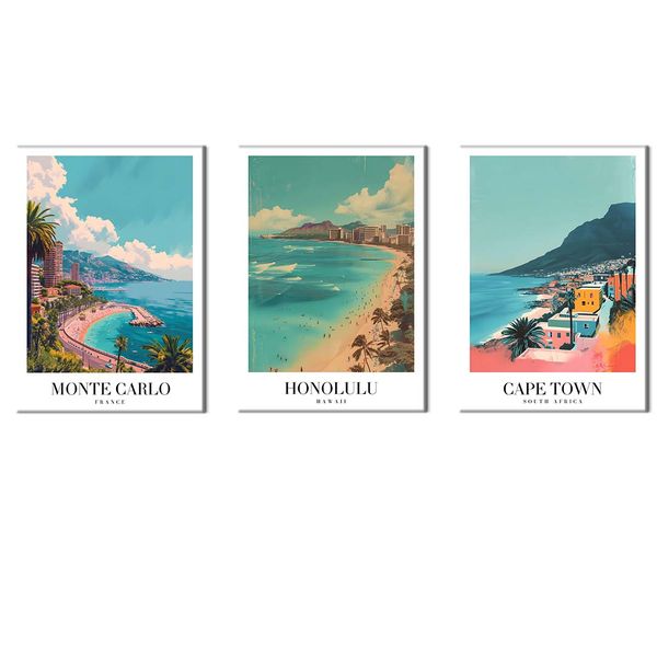 Canvas-Art-3 Pieces Cape Town, Honululu &amp; Monte Carlo Beaches Wall Art