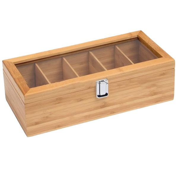 Kitchen Wooden Clear-Window 5 Compartments Tea Storage Box -30cm