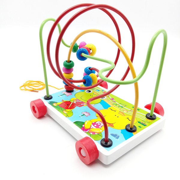 Children Educational Frog Design Wire Maze Beads Pull-Along Trailer Toy
