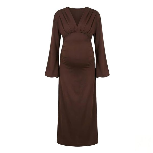 Women's Elegant Long Sleeve V-Neck Ruched Bodycon Maxi Dress