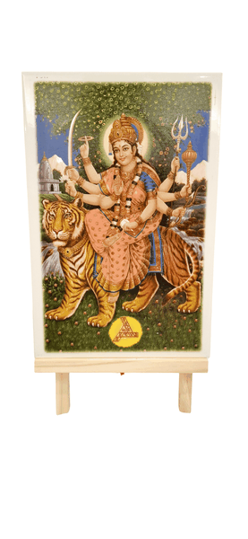 Hindu Religious Tile Ceramic Glazed - Durga with Wooden Easel Stand