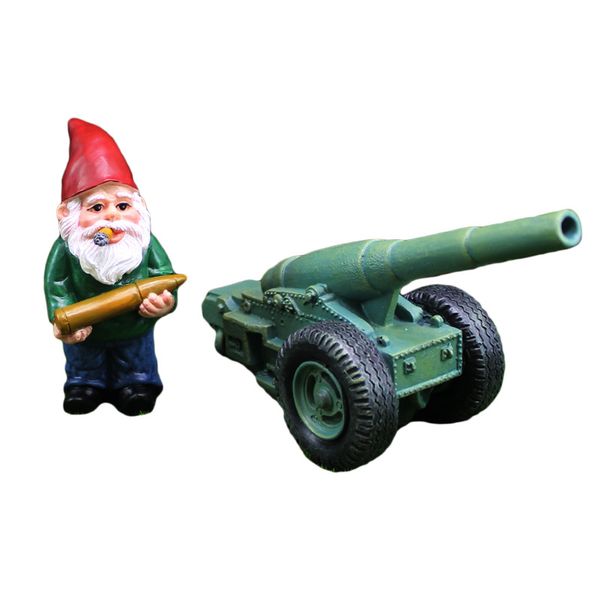 Resin Garden Ornament: Green Cannon and Red - Hatted Dwarf