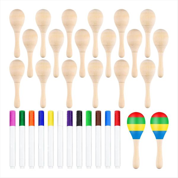 20 Pcs Diy Wooden Maracas for Kids with 12 Pcs Multicolor Pens Party