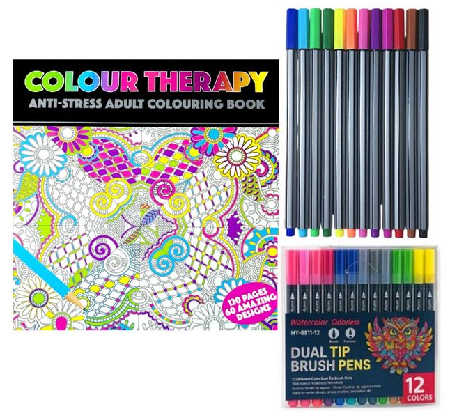 Colour Therapy Colouring Book with 12 Dual Tip Brush Pen and Coloring Pen