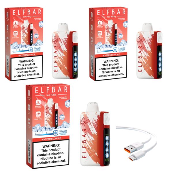 Elfbar Ice King 25k Watermelon Ice + DiscoVape Charging Cable (Pack of 3)