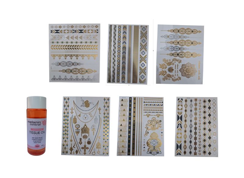 Gold Metallic Temporary Body Jewelry Art Flash Tattoo Set