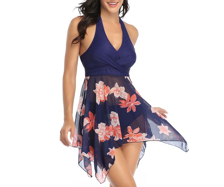 Olive Tree - Ladies Two Piece V neck Halter Bowknot Swimdress - Navy