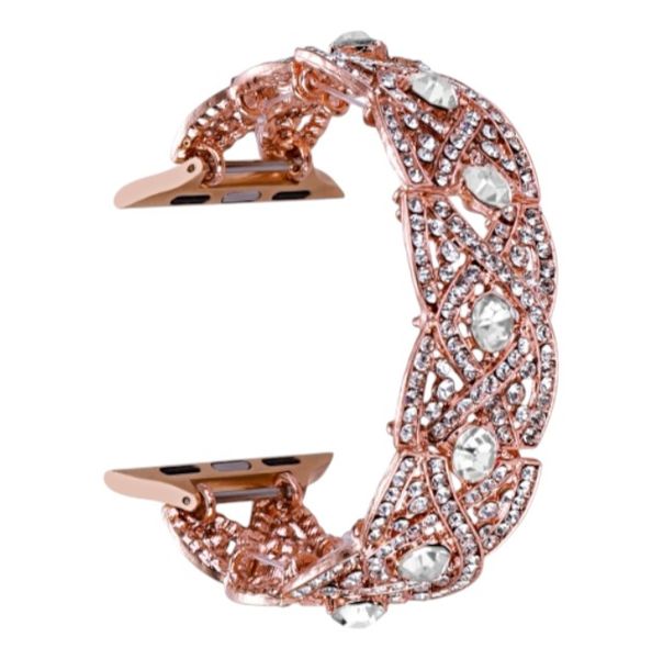 Embedded Diamond Metal Stretch Bracelet with Flower Design - Rose Gold
