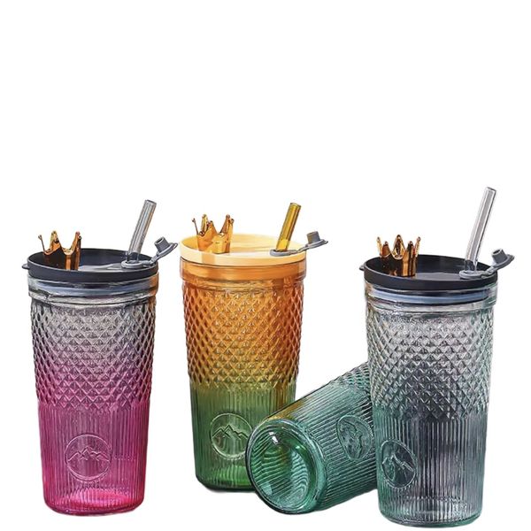 4-Piece Reusable Glass Tumbler Set with Crown Lids &amp; Straws, 600ml