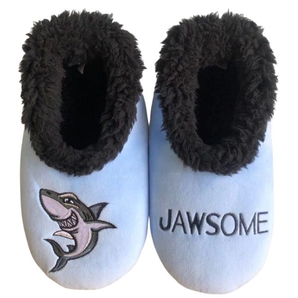 Snoozies Kids Boys Fleece Slippers Blue Jawsome Shark - Non Skid Soles
