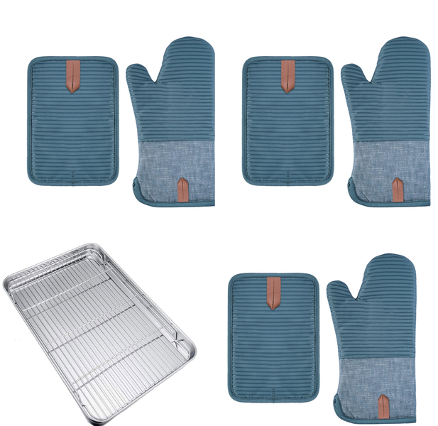Silicone Heat Resistant Oven Glove With Silicone Pot Holder and Backing Tray